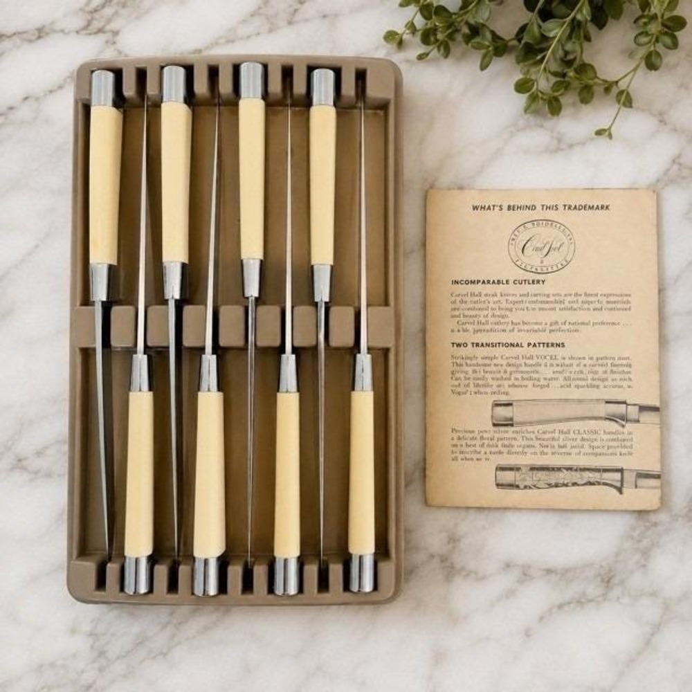 Vintage Carvel Hall USA 8 Pc Steak Knife Set Ivory Handles Case MCM Briddell
